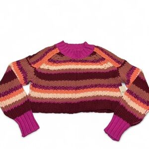 Free People Devon Sweater Fuschia Rose Combo Cropped Knit Sweater Women’s XS NWT